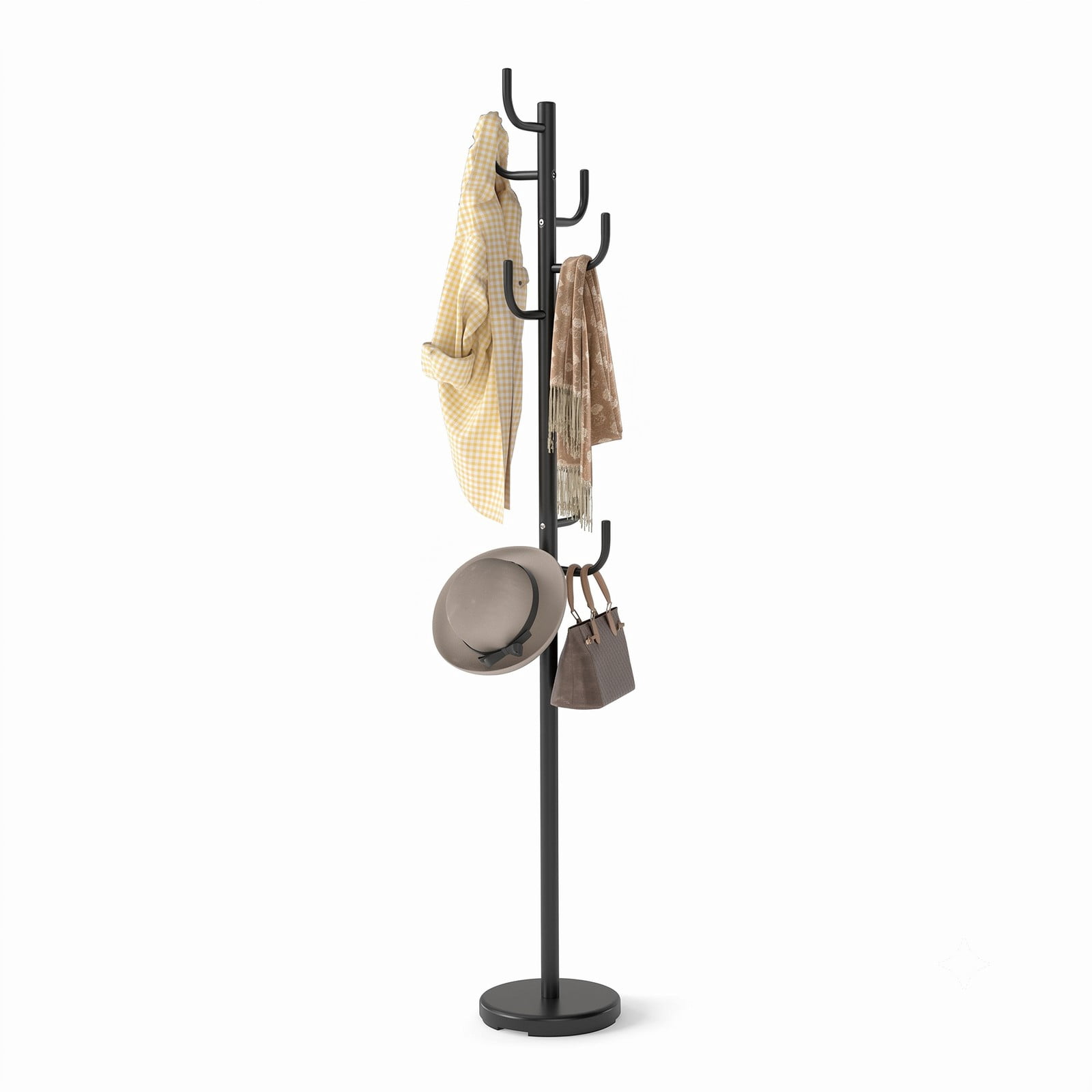 Furnibear Freestanding Coat and Hat Rack Stand with 8 Sturdy Hooks and Weighted Round Metal Base for Entryway and Bedroom, Black