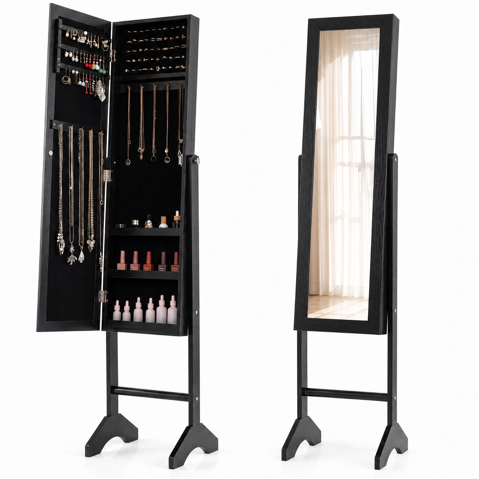 Furnibear Freestanding Jewelry Armoire with Velvet Lining and Full Length Mirror for Bedroom Dressing Room Jewelry Necklace Rings Storage, Black