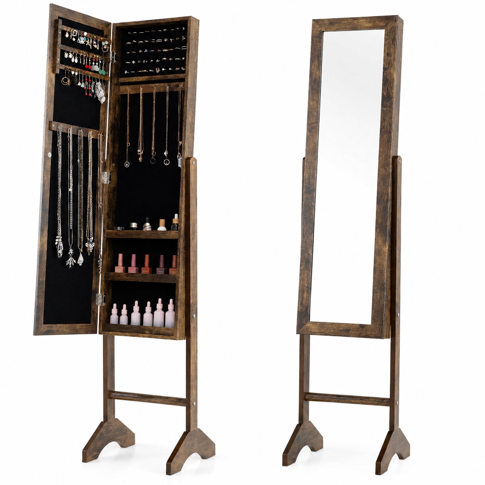 Furnibear Freestanding Jewelry Armoire with Velvet Lining and Full Length Mirror for Bedroom Dressing Room Jewelry Necklace Rings Storage, Brown