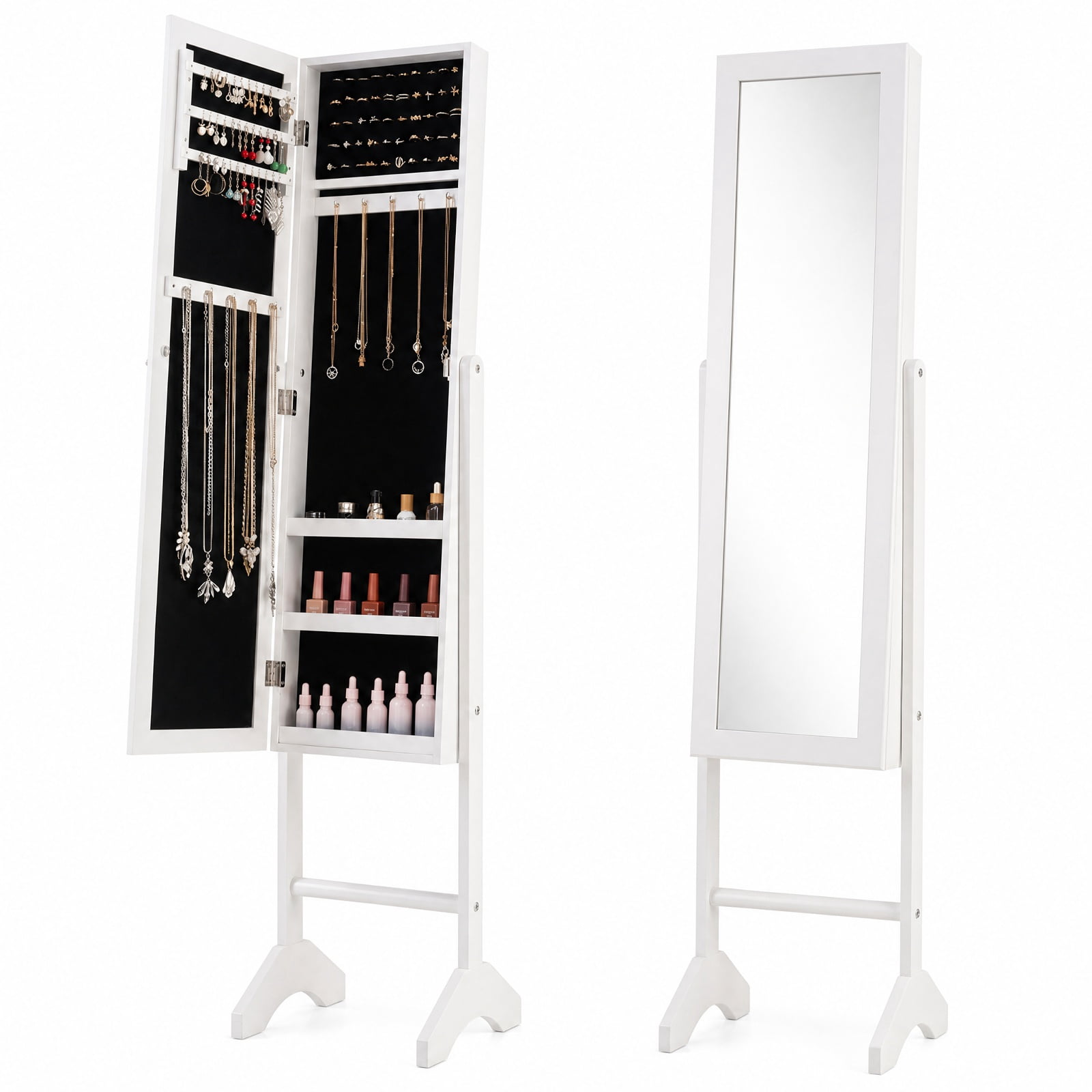 Furnibear Freestanding Jewelry Armoire with Velvet Lining and Full Length Mirror for Bedroom Dressing Room Jewelry Necklace Rings Storage, White