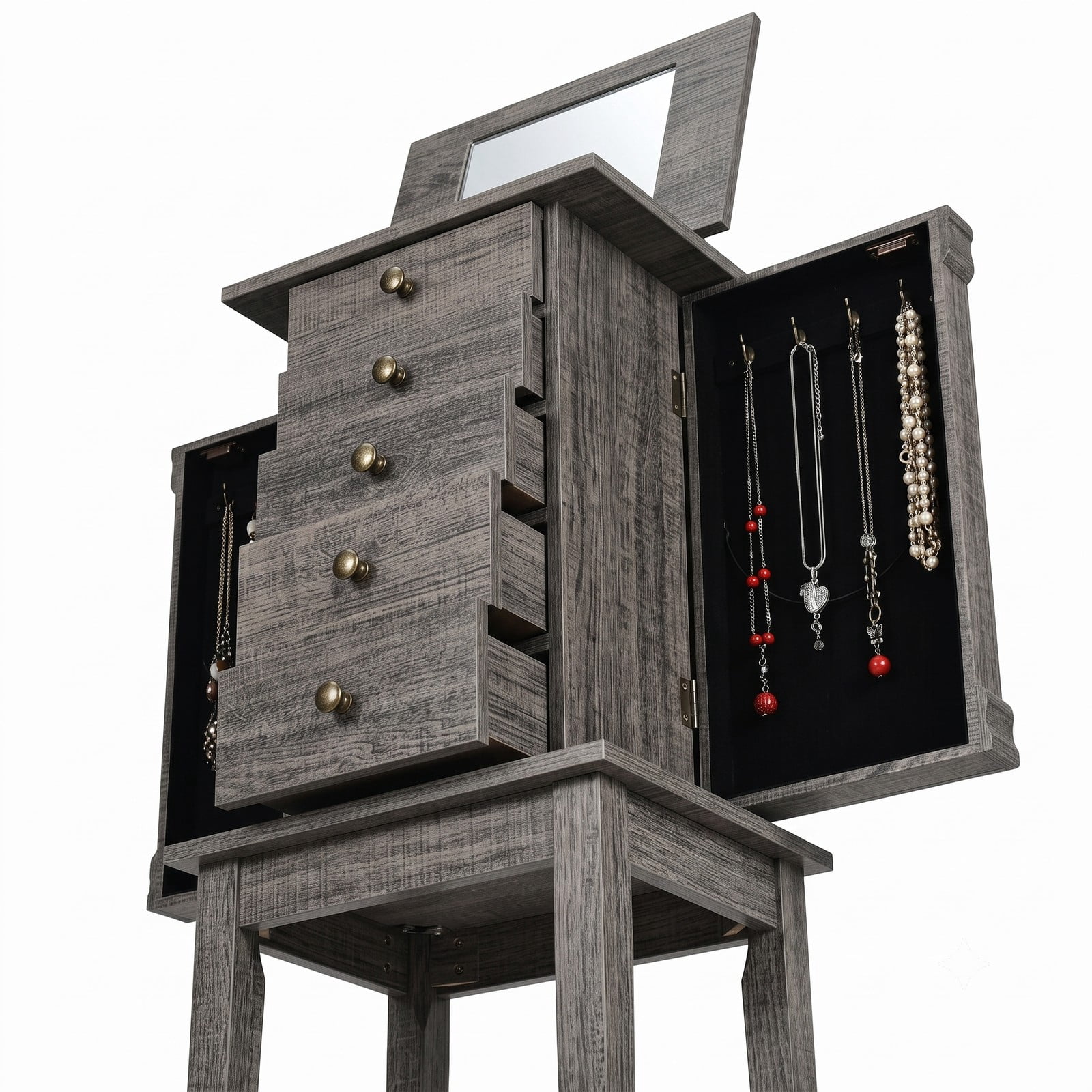 Furnibear Freestanding Jewelry Cabinet Storage Organizer with 5 Drawers and Wooden Legs for Bedroom Necklace Storage, Gray