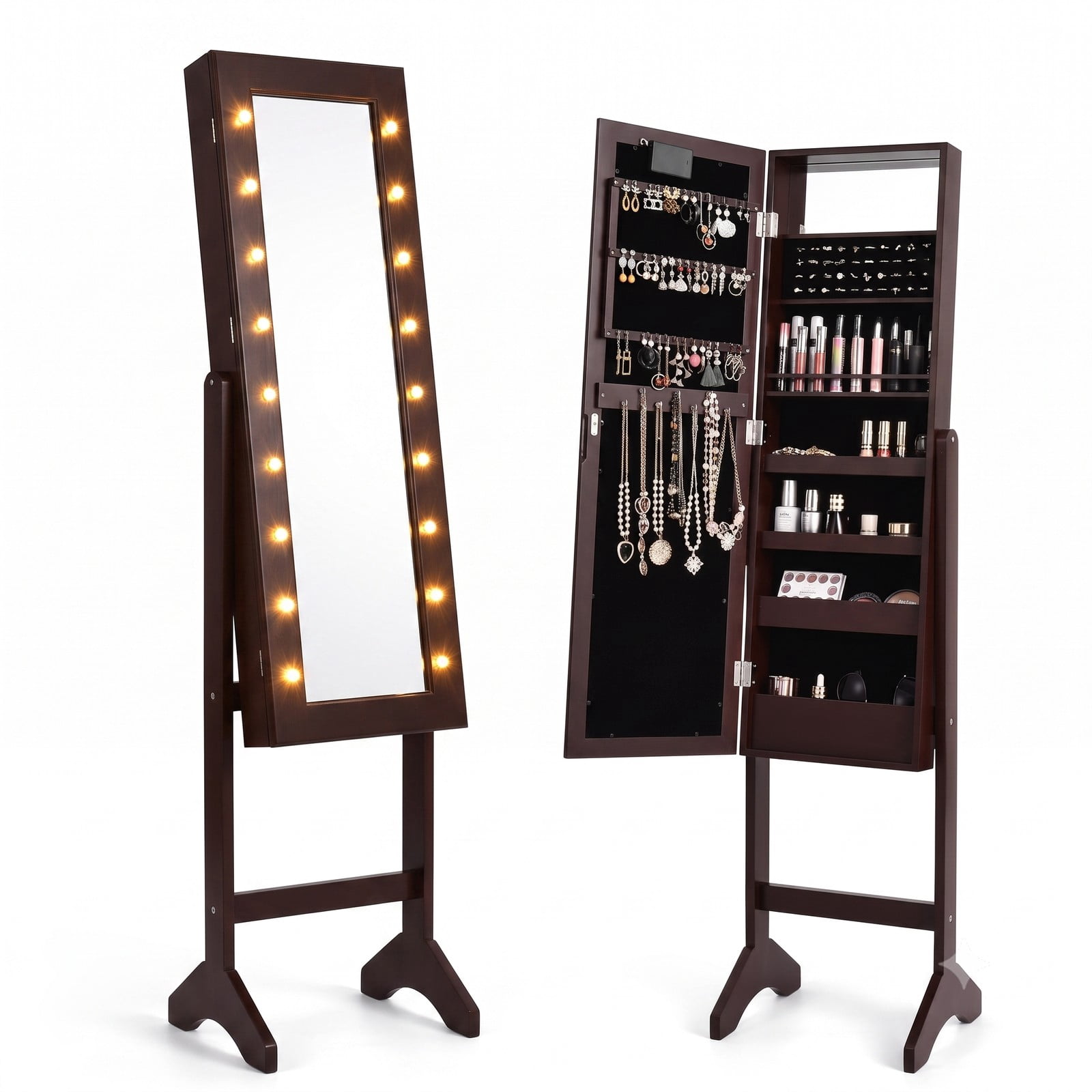 Furnibear Freestanding Mirrored Jewelry Cabinet Armoire Organizer with Full-Length Mirror and 18 LED Lights for Bedroom, Brown