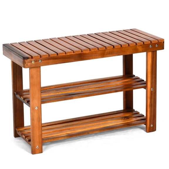 Furnibear Freestanding Wood Shoe Storage Bench with 3-Tier Storage Shelves and Acacia Wood Frame for Entryway Hallway and Mudroom, Teak