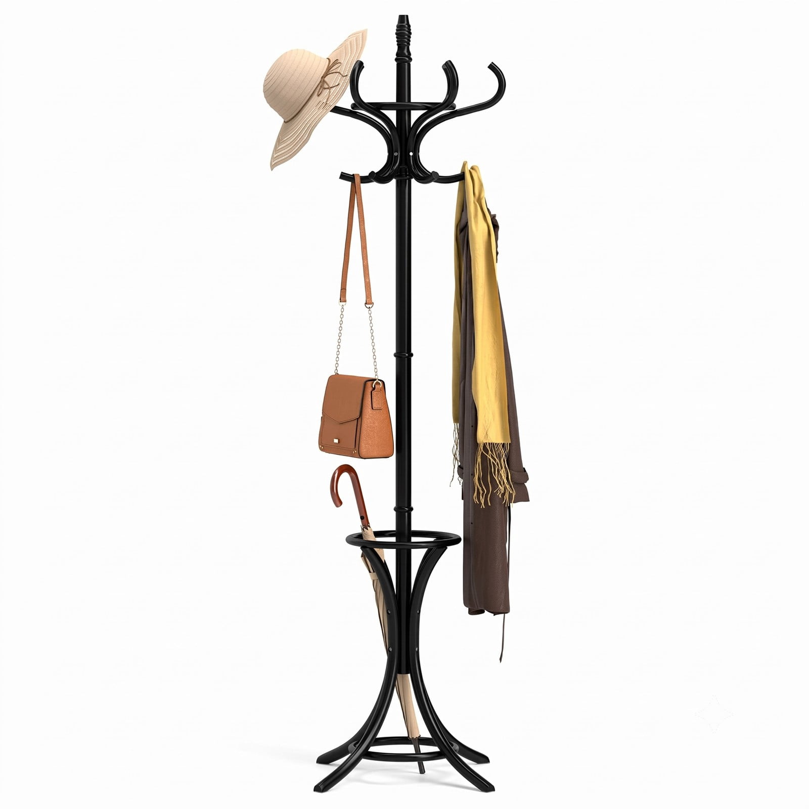Furnibear Freestanding Wood Coat and Hat Rack Stand with Umbrella Stand Rotating Top and 12 Hooks for Entryway and Hallway, Black