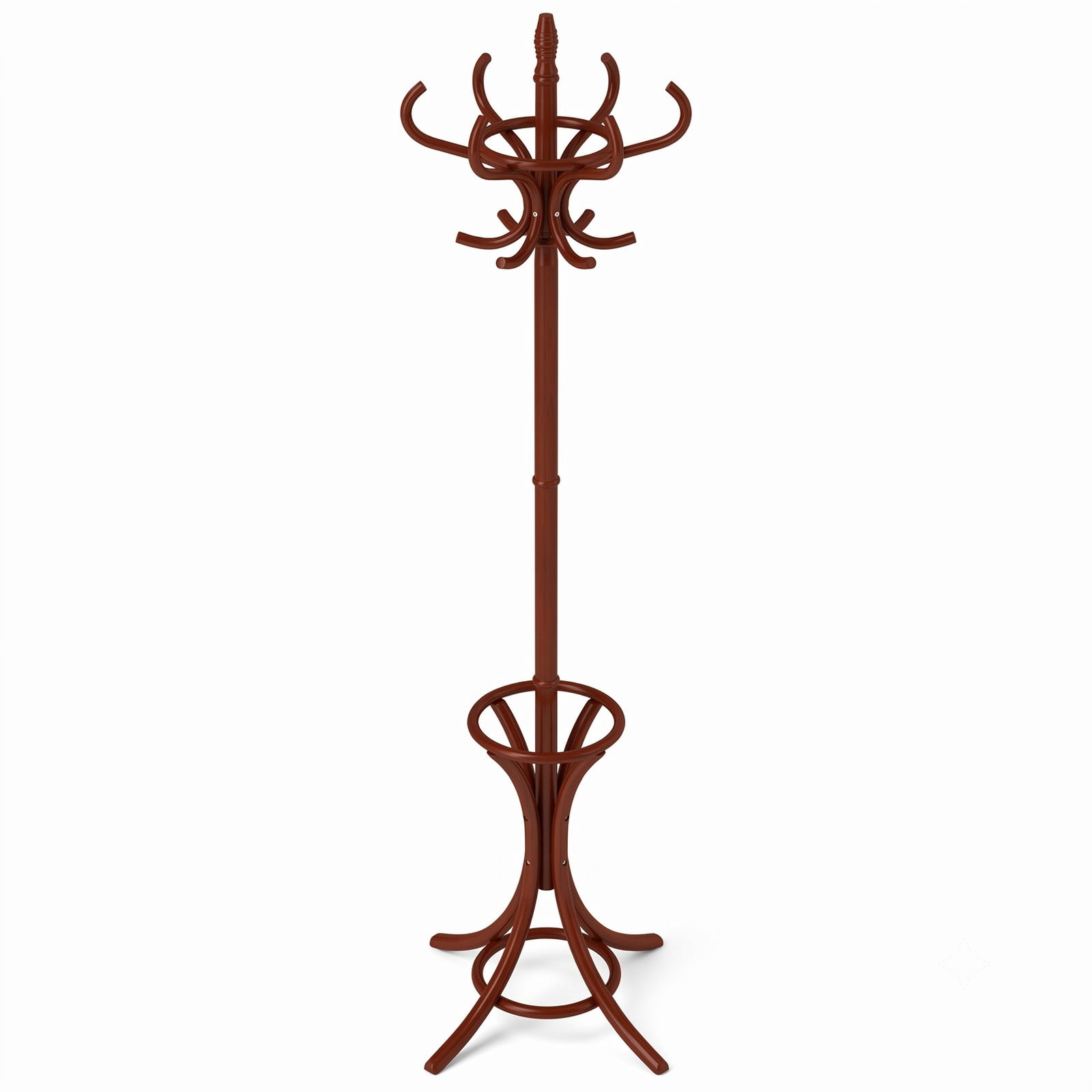 Furnibear Freestanding Wood Coat and Hat Rack Stand with Umbrella Stand Rotating Top and 12 Hooks for Entryway and Hallway, Brown