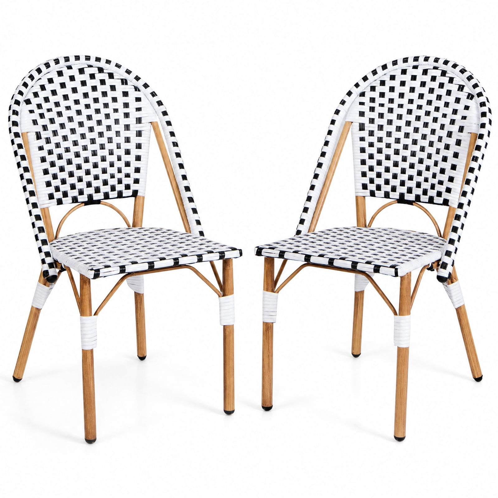 Furnibear French Bistro Chair Set of 2 with Hand-Woven PE Rattan Seats and Galvanized Metal Frame for Patio Garden and Balcony, White