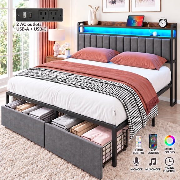 Furnibear LED Full Bed Frame with Upholstered Storage Headboard and Drawers, LED Platform Bed with Charging Station, No Box Spring Needed