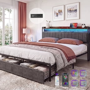 Furnibear LED Full Bed Frame with Upholstered Storage Headboard and Drawers, LED Platform Bed with Charging Station, No Box Spring Needed