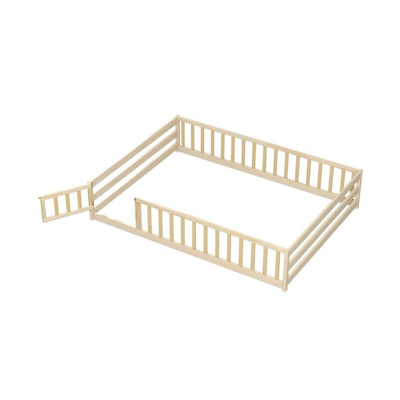 Furnibear Full Floor Bed with Full Length Guardrails Removable Lockable Door and Pine Railings, a Grounded Full Size Bed Frame and Queen Bed Frame Alternative to a Twin Size Loft Bed, Natural