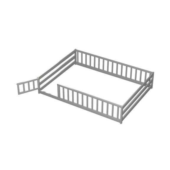 Furnibear Full Floor Bed with Full Length Guardrails Removable Lockable Door and Pine Railings, a Grounded Full Size Bed Frame and Queen Bed Frame Alternative to a Twin Size Loft Bed, Gray