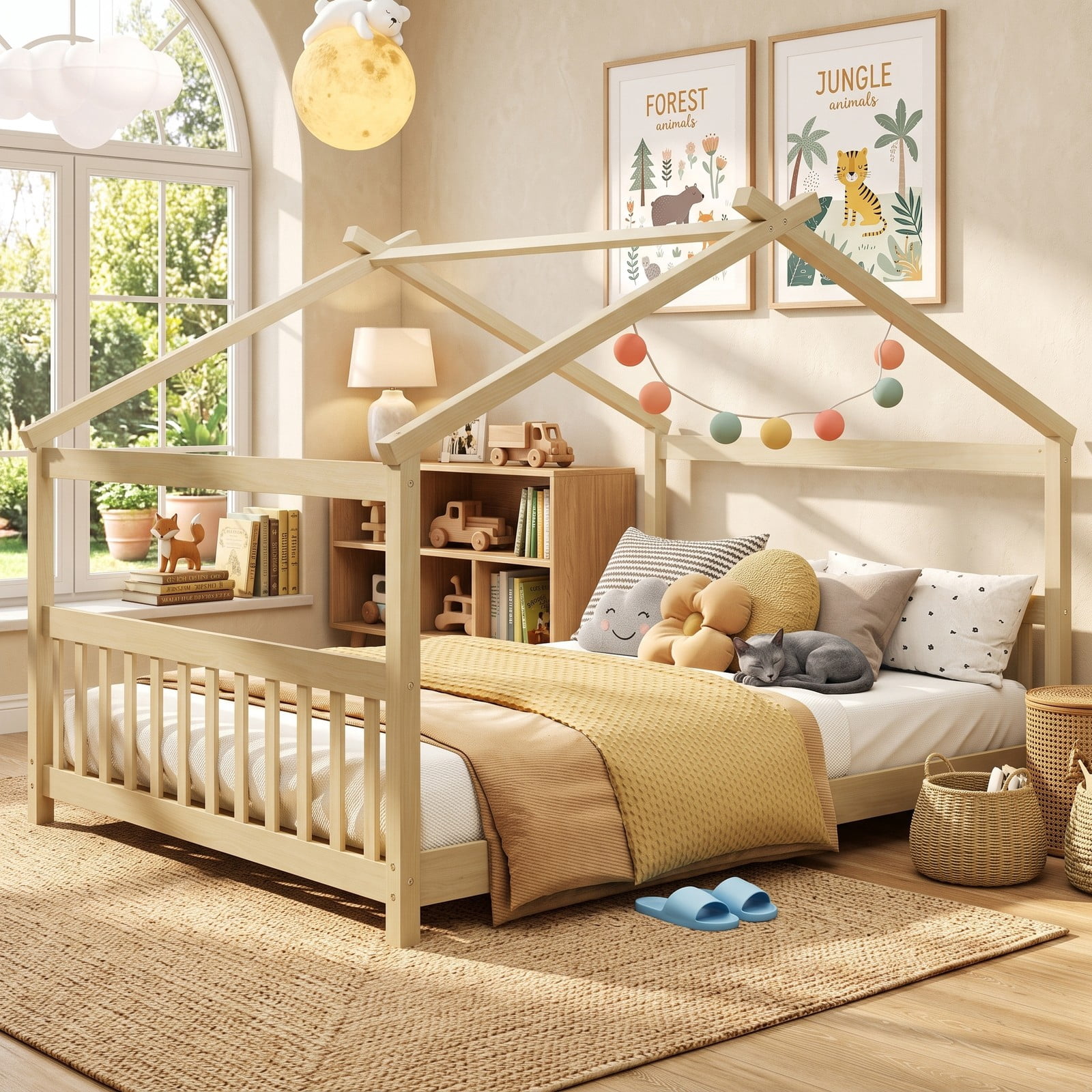 Furnibear Full Size House Bed Montessori Floor Bed with Peaked Roof and Guardrails, Wood Slat Platform Floor Bed for Kids Room, Natural