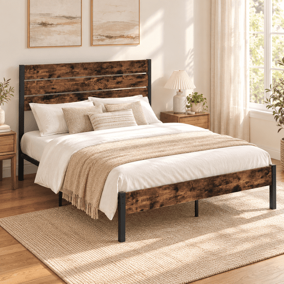 Furnibear Queen Size Bed Frame with High Headboard and Mute Bar, Metal Platform Bed Frame No Box Spring Needed for Bedroom, Coffee