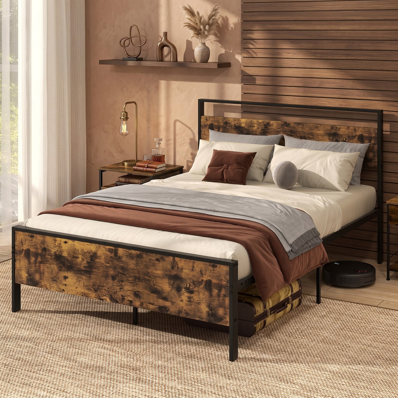 Furnibear Full Size Bed Frame, Metal Platform Bed Frame with Wooden Headboard, Full Bed Frame with Under Bed Storage for Bedroom, Rustic Brown