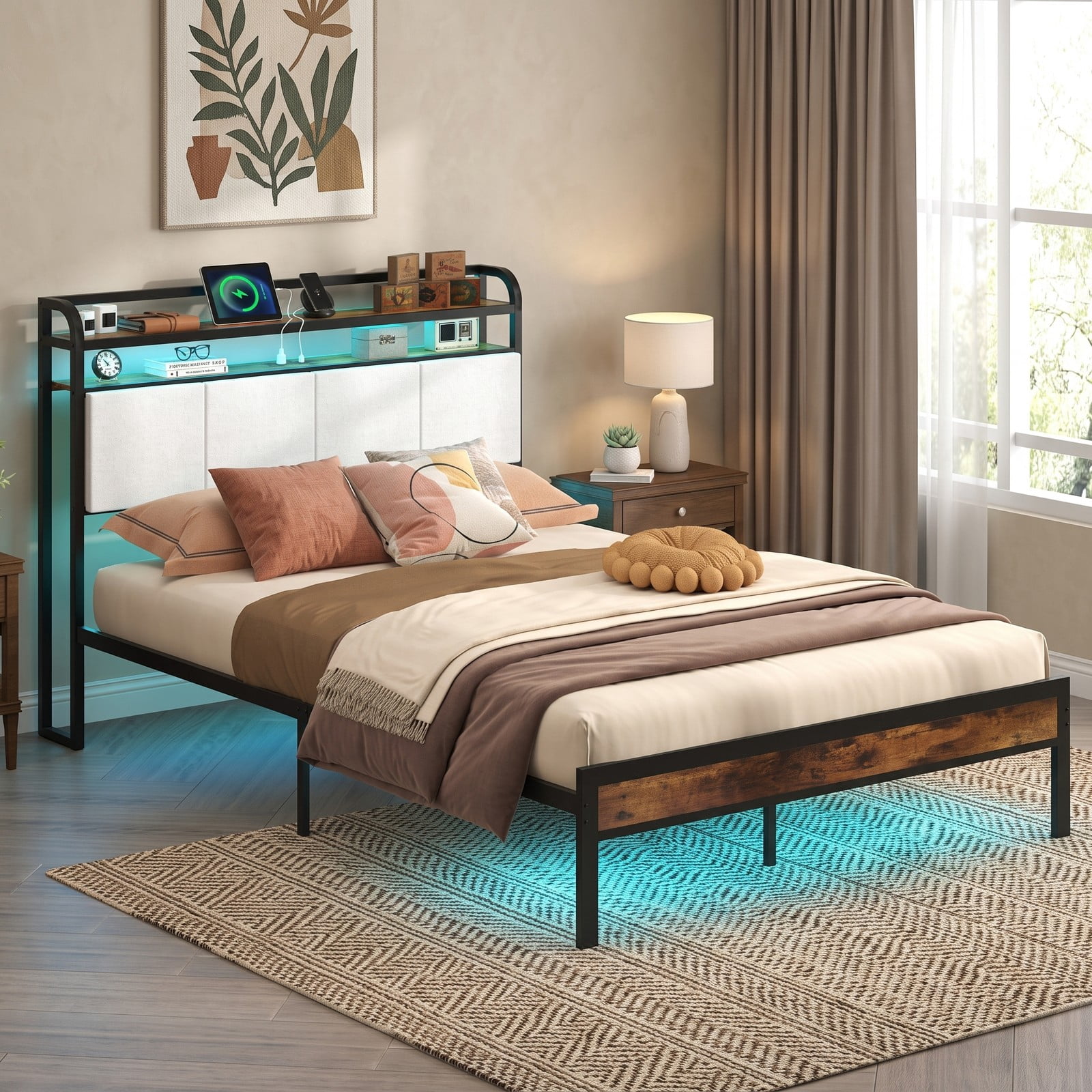 Furnibear Queen Bed Frame, Metal Platform Bed with Storage Headboard, LED Lights and Charging Station, No Box Spring Needed, Rustic Brown and Gray