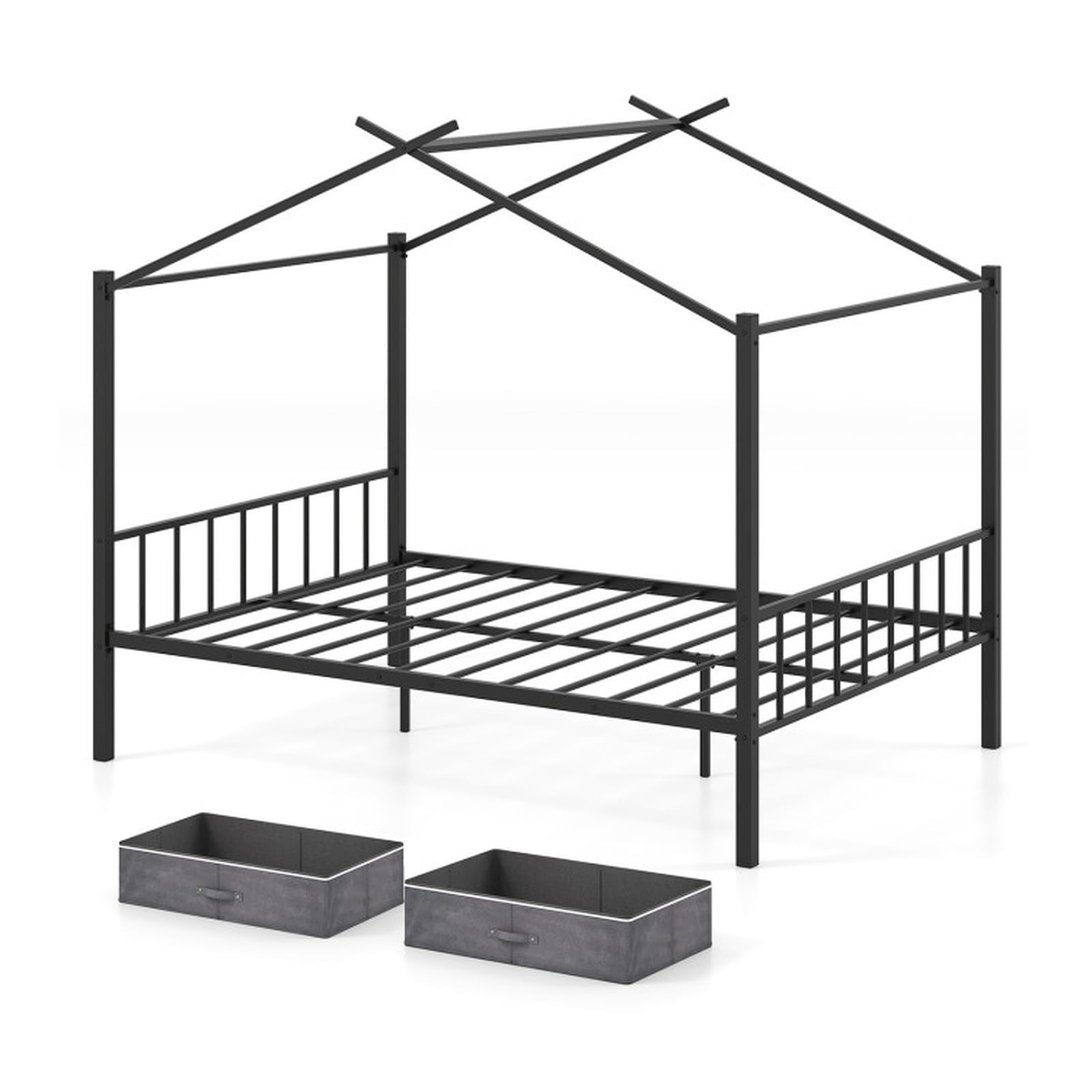 Furnibear Full Metal House Bed with 2 Foldable Fabric Drawers 12 Heavy Duty Slats 660 lbs Capacity Noise Free Foam and Anti Slip Foot Pads, Black