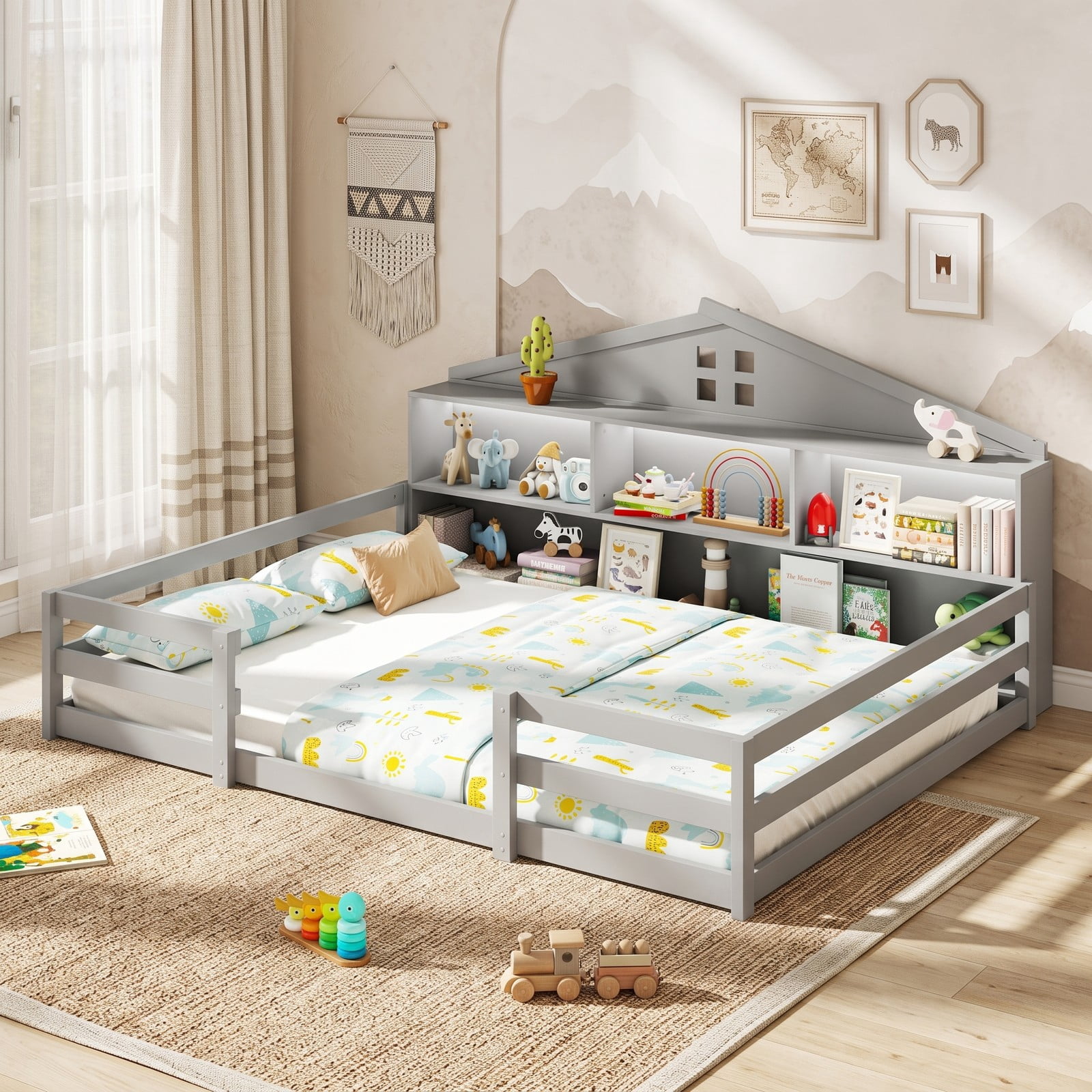 Furnibear Full Size Bed Frame Montessori Floor Bed for Kids, House Bed with Storage Headboard Guardrails and LED Lights, Full Bed Frame, Gray