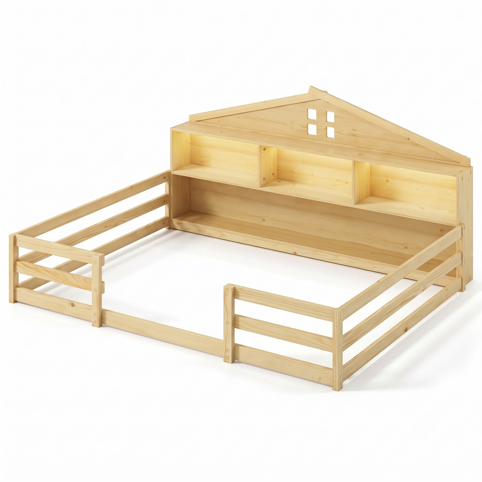 Furnibear Full Size Bed Frame, Montessori Floor Bed with House-Shaped Storage Headboard, Guardrails and Built-in LED Lights for Kids Room, Natural