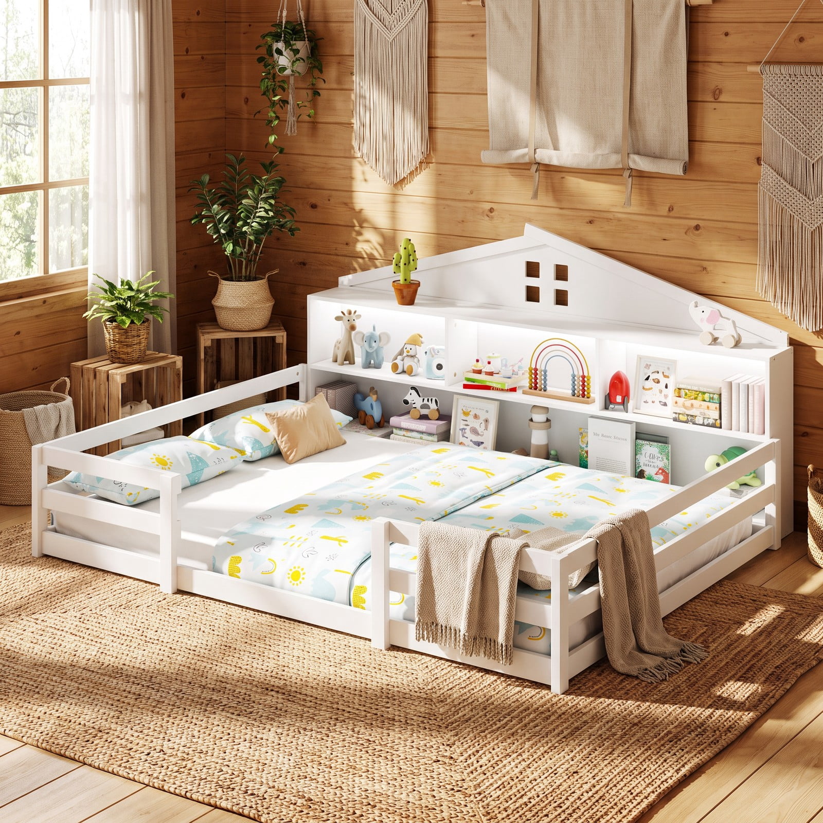 Furnibear Full Size Bed Frame Montessori Floor Bed with House Headboard and LED Lights, Kids Room Floor Bed Frame with Storage, White