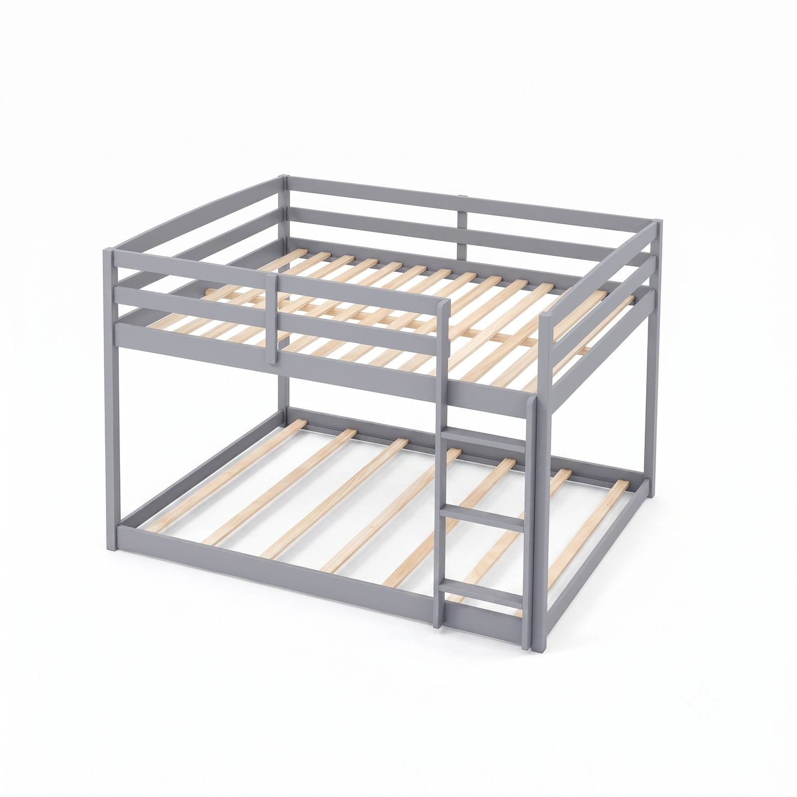 Furnibear Full Over Full Low-to-ground Wood Bunk Bed with Guardrails and Integrated Ladder for Kids and Shared Rooms, Gray