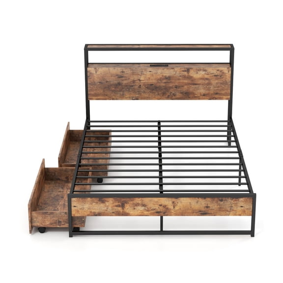 Furnibear Full/Queen Bed Frame with 2-Tier Storage Headboard and Charging Station for Studio Spaces and Apartment Bedrooms, Rustic Brown
