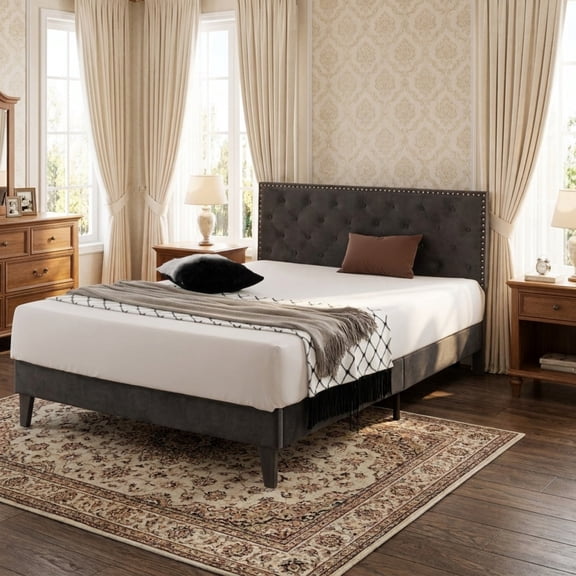 Furnibear Queen Bed Frame with Headboard, Upholstered Platform Bed Frame with Tufted Headboard for Bedroom and Guest Room, Gray