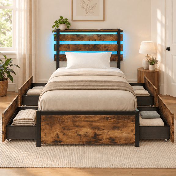 Furnibear Twin Size Bed Frame with 4 Storage Drawers, Upholstered Platform Bed with LED Lights, USB Ports and Headboard, Coffee