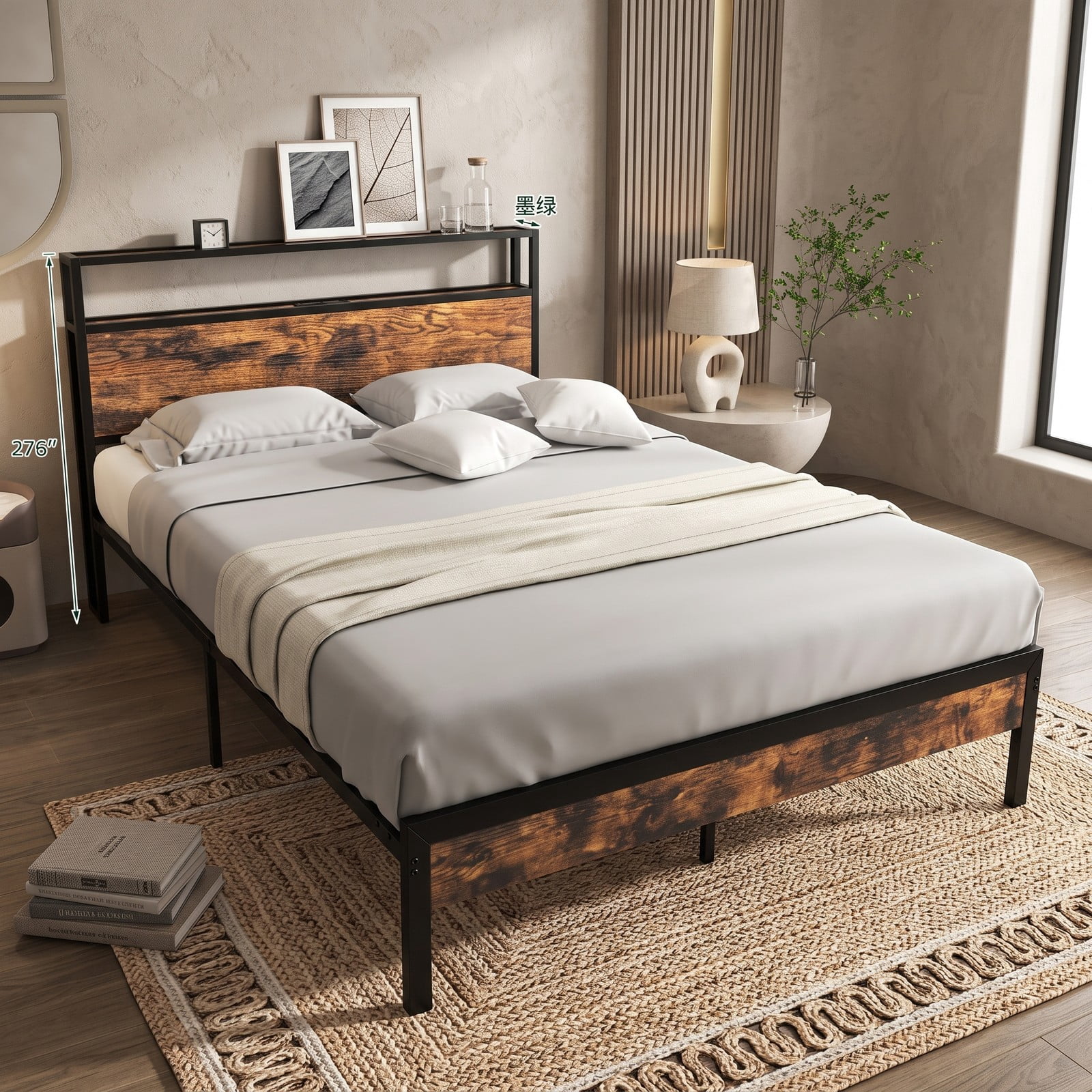 Furnibear Queen Bed Frame with Storage Headboard, Charging Station and USB Ports, Metal Platform Bed, No Box Spring Needed, Rustic Brown and Black