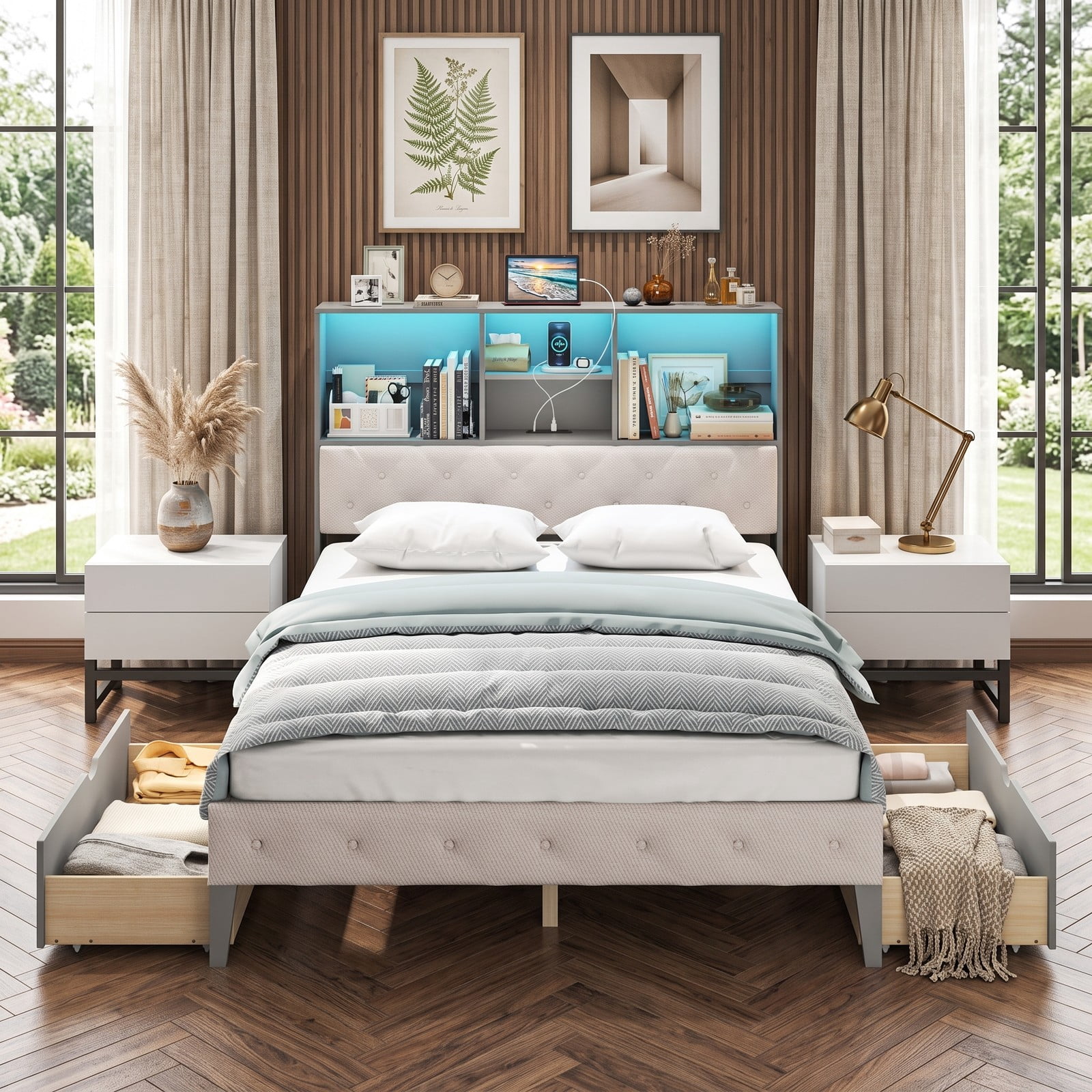 Furnibear Full Size Bed Frame with Bookcase Storage Headboard, LED Lights, Upholstered Platform Bed with 2 Drawers, Gray