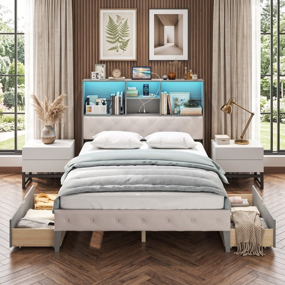 Furnibear Full Size Bed Frame with Bookcase Storage Headboard, LED Lights, Upholstered Platform Bed with 2 Drawers, Gray