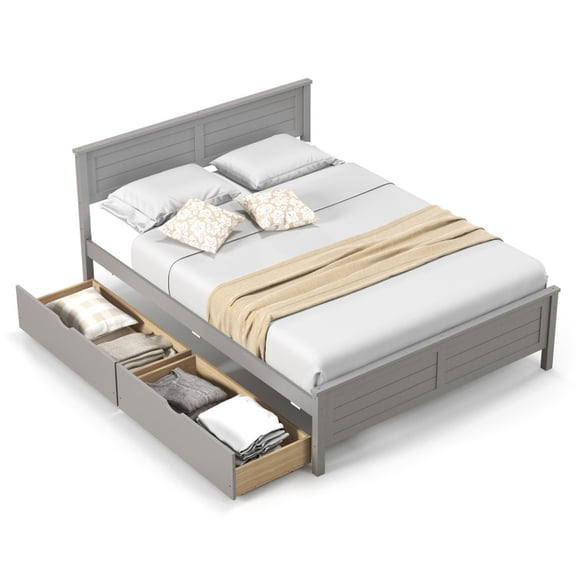 Furnibear Full Size Bed Frame with Storage Drawers and Solid Wood Headboard, Gray - Sturdy Wooden Platform with Headboard