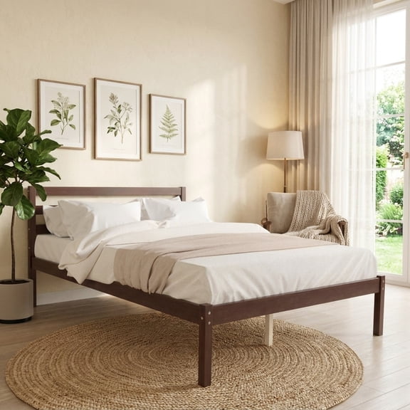 Furnibear Full Bed Frame Foundation with Solid Wooden Slat Support and Headboard, Wood Platform Bed Frame for Bedroom Guest Room Apartment, Espresso