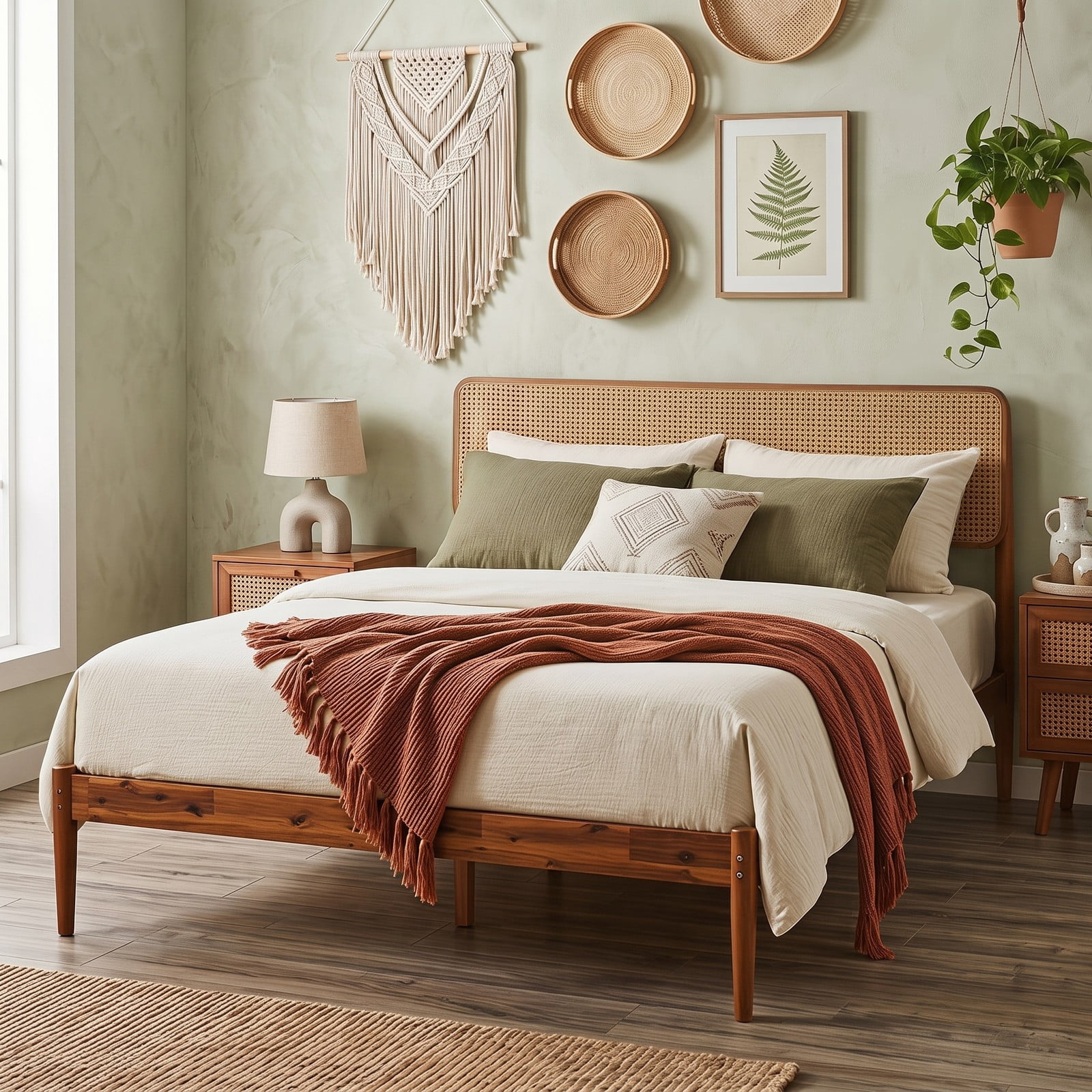 Furnibear Full Size Bed Frame with Storage, Boho Rattan Wood Platform Bed Frame with Acacia Slat Support, No Box Spring, Brown