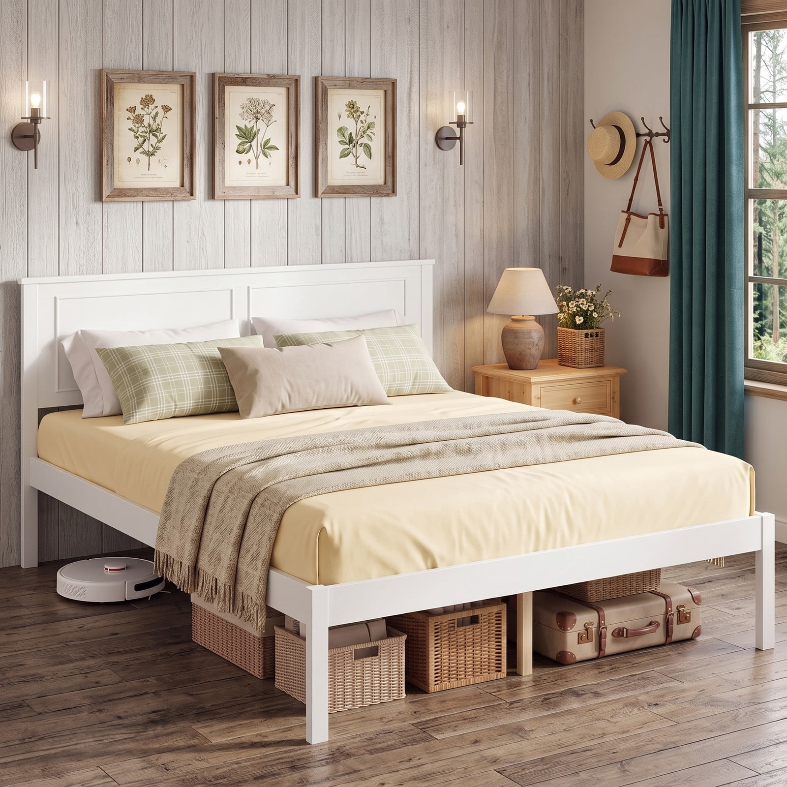 Furnibear Full Size Farmhouse Wood Bed Frame Platform Bed with Paneled Headboard and Under Bed Storage for the Bedroom, White
