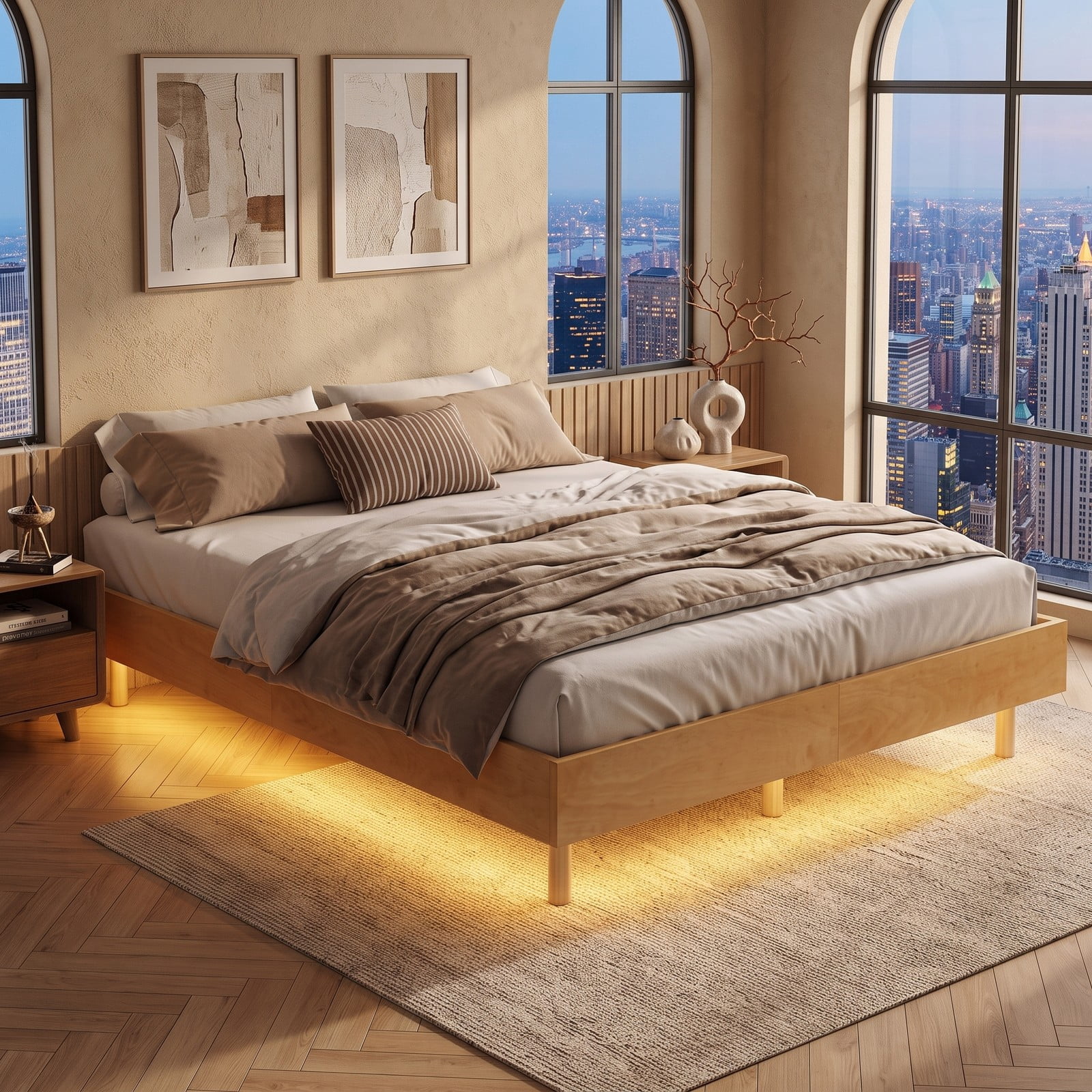 Furnibear Queen Size Bed Frame Floating Wood Platform Bed with RGB LED Lights and Remote Control for Bedroom, Natural