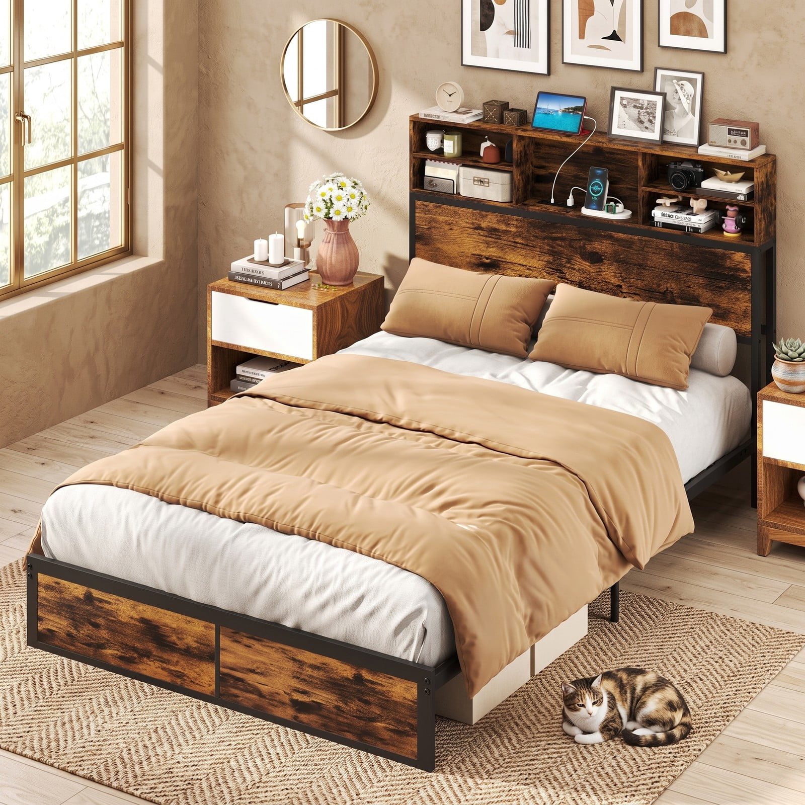 Furnibear Queen Bed Frame Industrial Metal Platform Bed with Storage Headboard and Charging Station and USB Ports, Rustic Brown