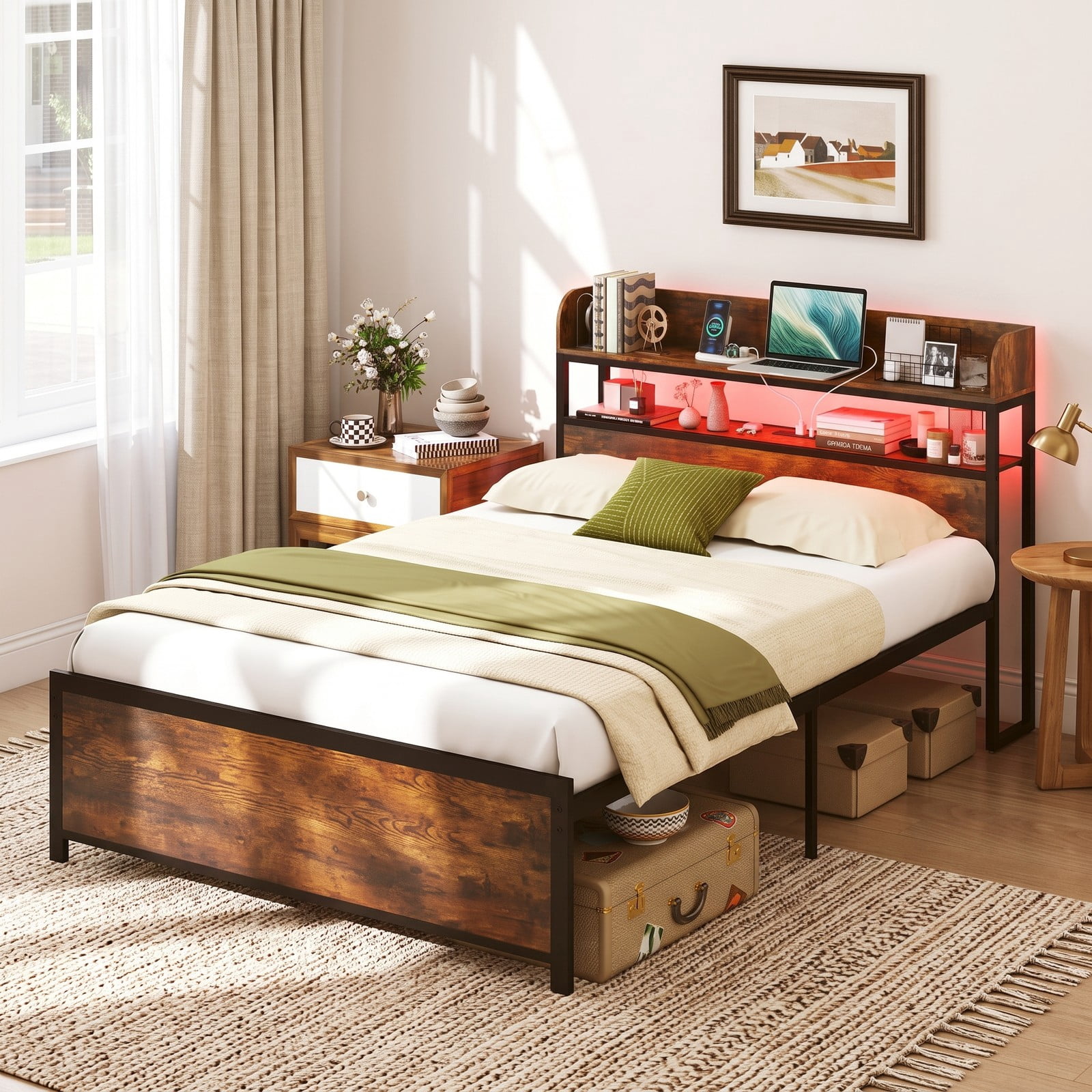 Furnibear Full Size Bed Frame with Storage Headboard, LED Platform Bed Frame with Power Outlets and USB Ports, Rustic Brown