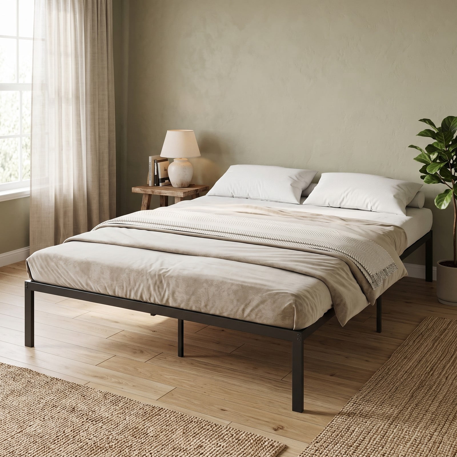 Furnibear Queen Bed Frame Metal Platform Bed with Heavy Duty Slat Support and Extra Center Legs for Bedroom, Black