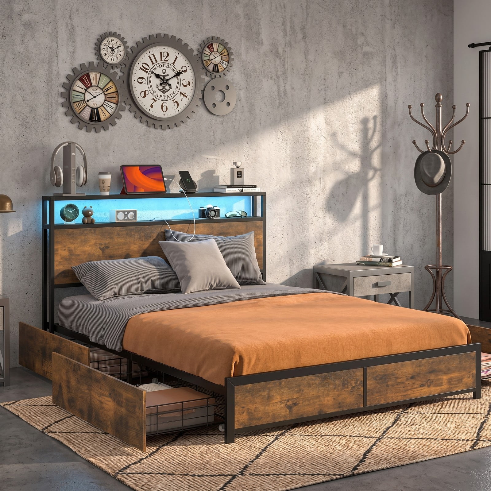 Furnibear Queen Size Bed Frame with Storage, LED Lights and 4 Drawers, Metal Platform Bed Frame with Charging Station and Headboard, Rustic Brown