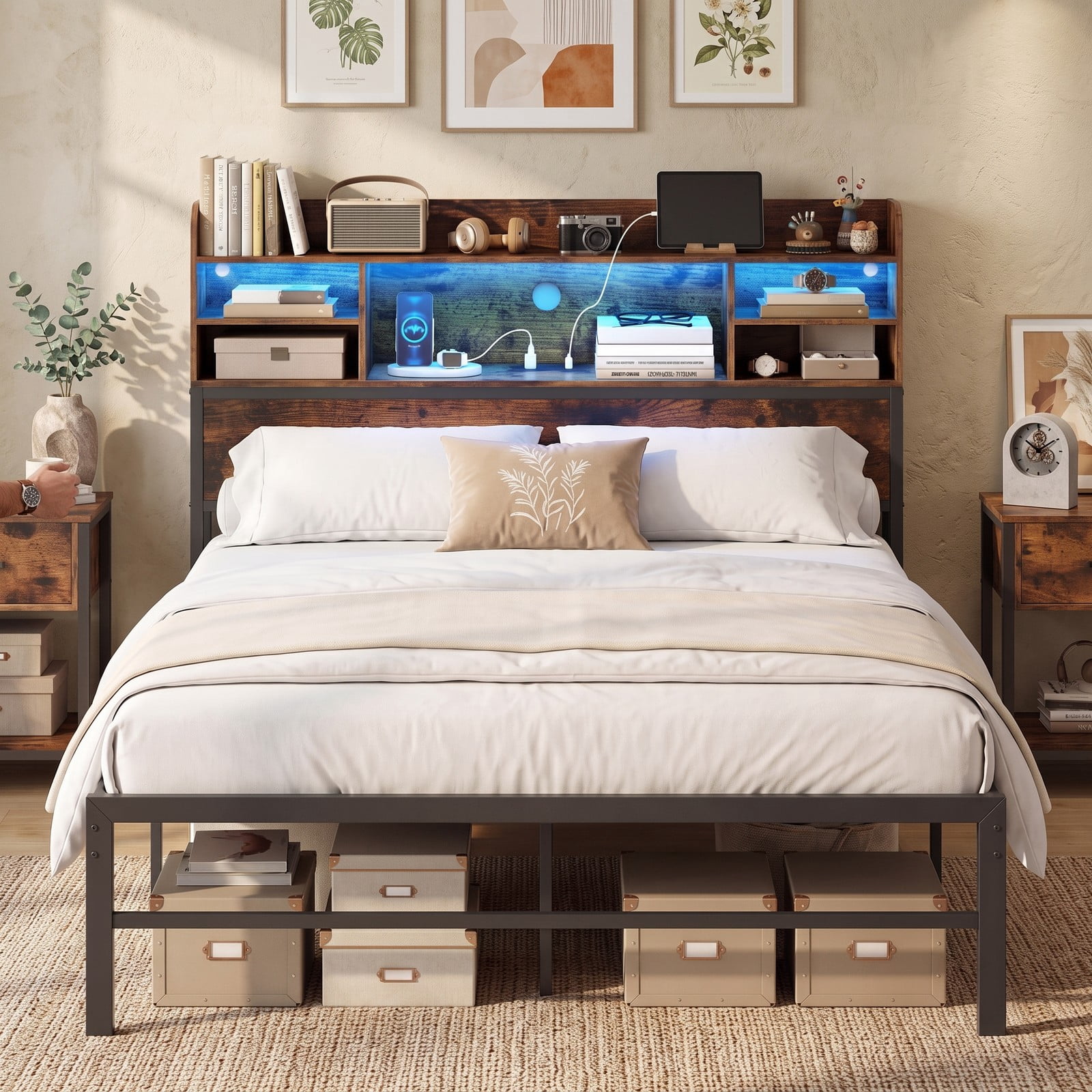 Furnibear Full Size Bed Frame with Storage, Metal Platform Bed with Storage Headboard, LED Lights and USB Charging, Rustic Brown