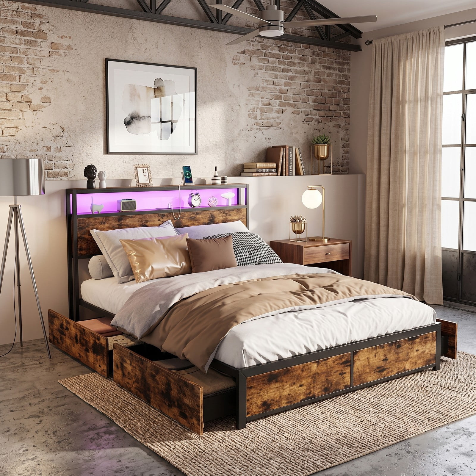 Furnibear Queen Bed Frame with Storage, Metal Platform Bed with 4 Drawers, LED Lights and 2-Tier Storage Headboard, Rustic Brown