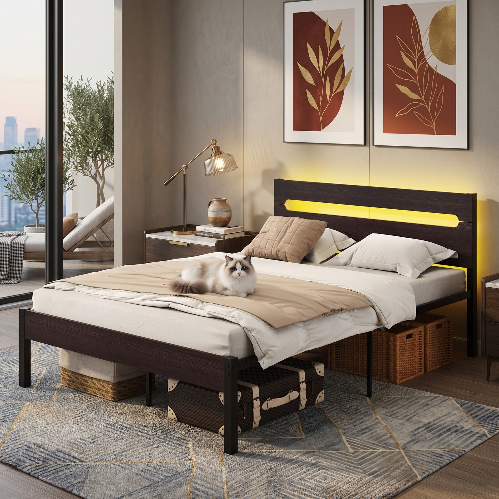 Furnibear Full Size Bed Frame Metal Platform Bed with 16 Color LED Lights Wood Grain Headboard and USB Charging Station, Dark Walnut