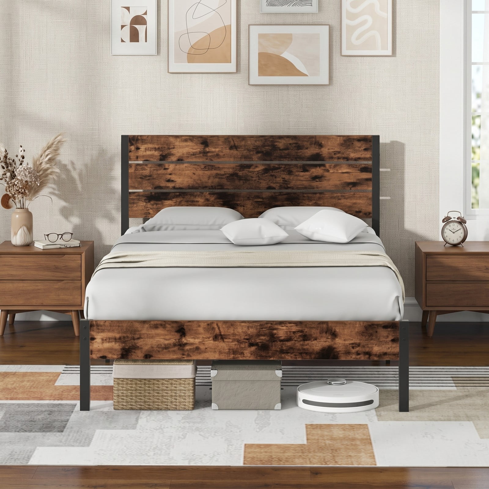 Furnibear Queen Size Bed Frame Metal Platform Bed with High Wood Headboard and Mute Bar, Heavy Duty No Box Spring Needed, Rustic Brown and Black