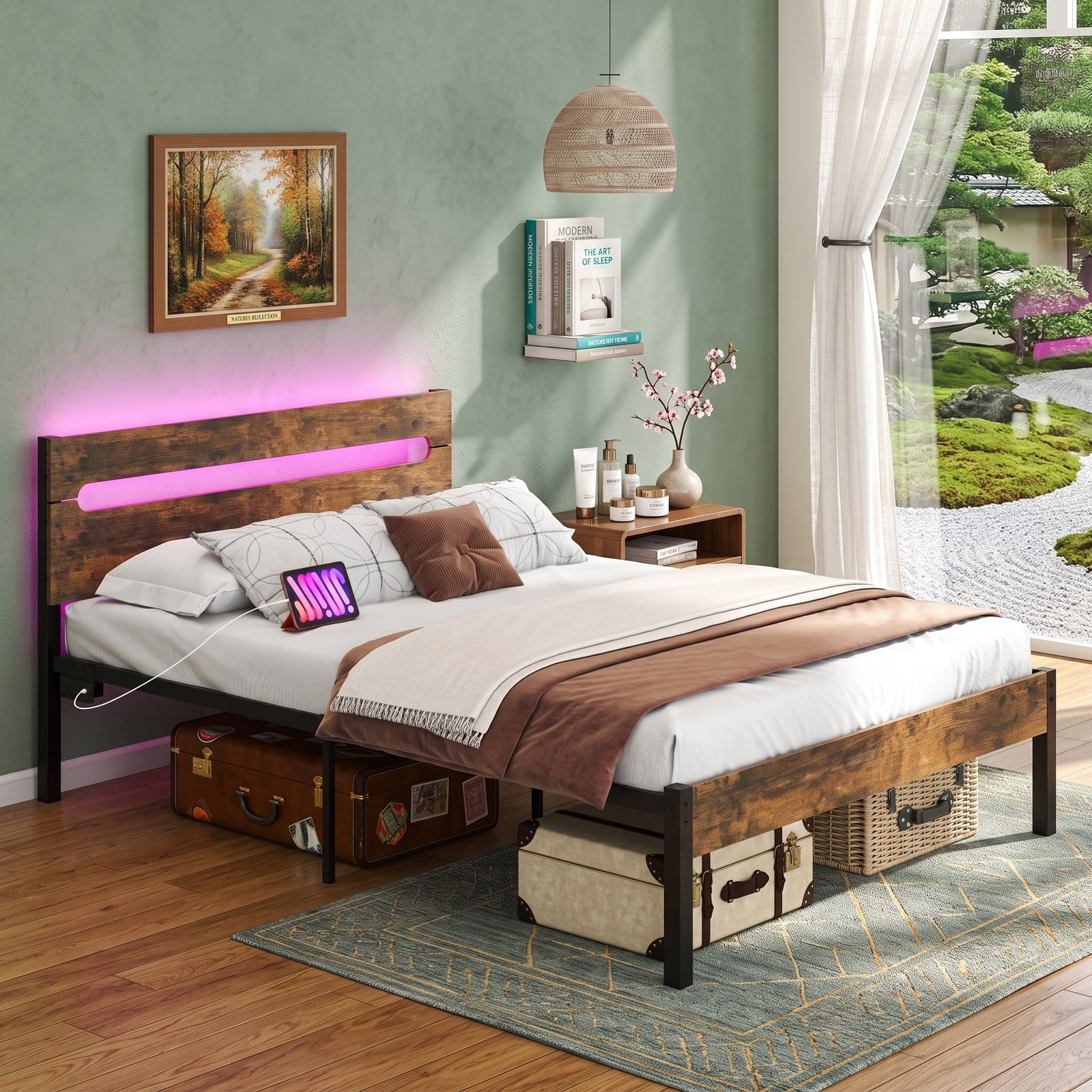 Furnibear Full Size Bed Frame Metal Platform Bed Frame with LED Lights Wood-Grain Headboard and USB Charging Station, Rustic Brown
