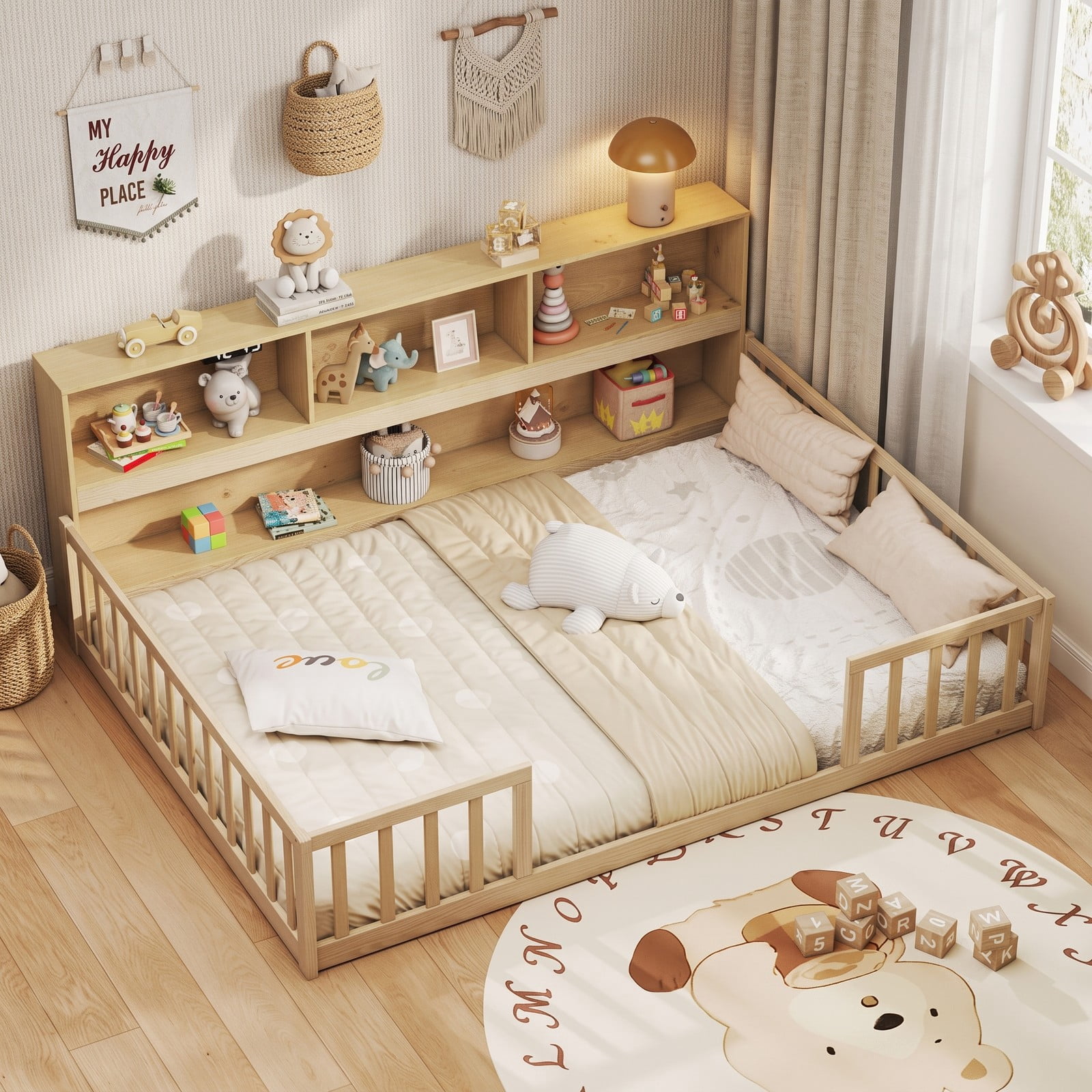 Furnibear Full Size Montessori Floor Bed Frame with Bookcase Headboard and Full Length Fence Rails, House Bed for Kids Bedroom, Natural