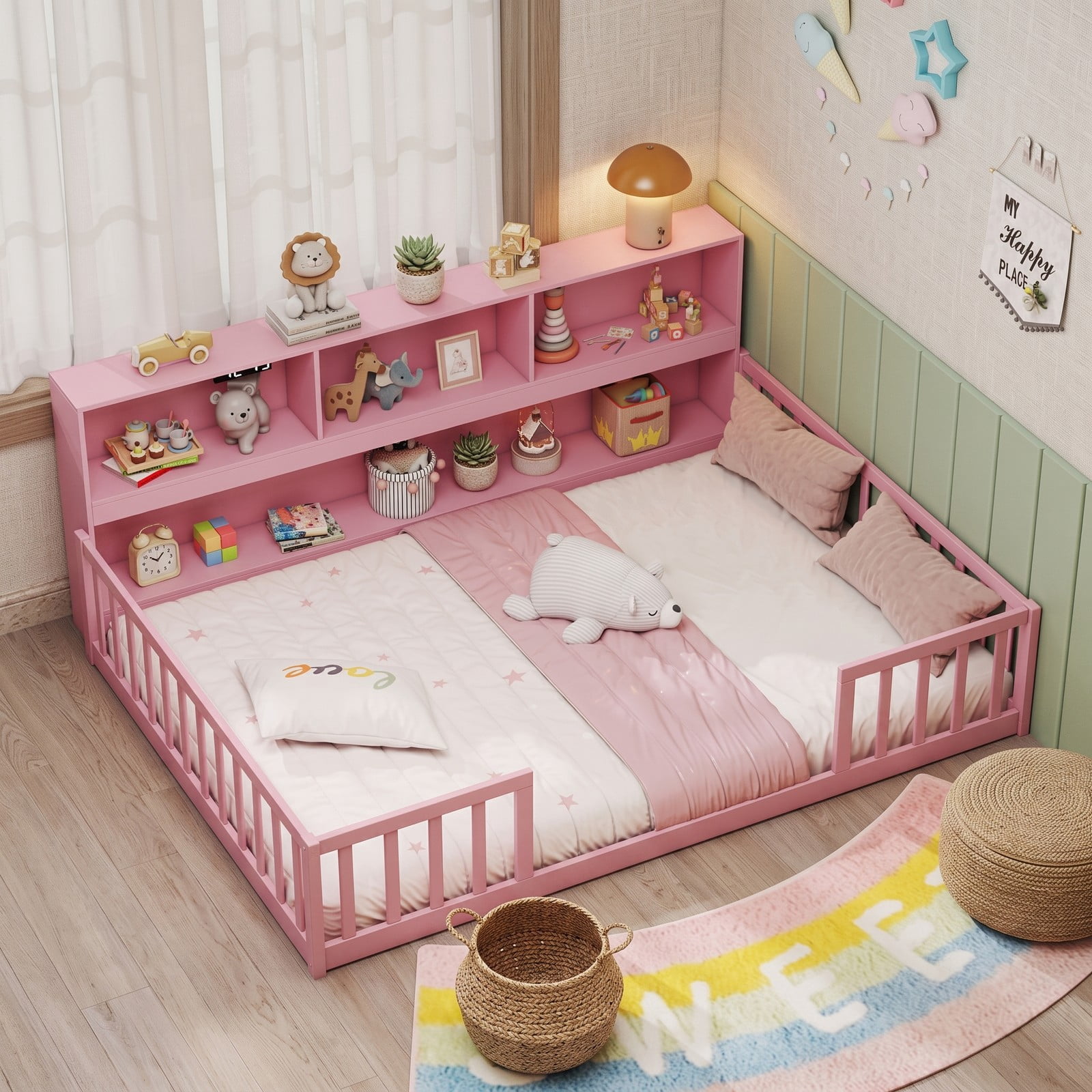 Furnibear Full Size Montessori Floor Bed Frame with Bookcase Headboard and Full Length Fence Rails, Full Bed Frame for Kids Bedroom, Pink