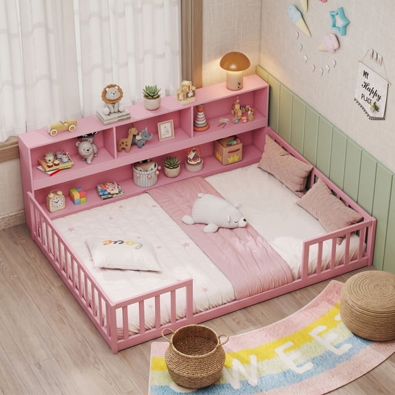 Furnibear Full Size Montessori Floor Bed Frame with Bookcase Headboard and Full Length Fence Rails, Full Bed Frame for Kids Bedroom, Pink
