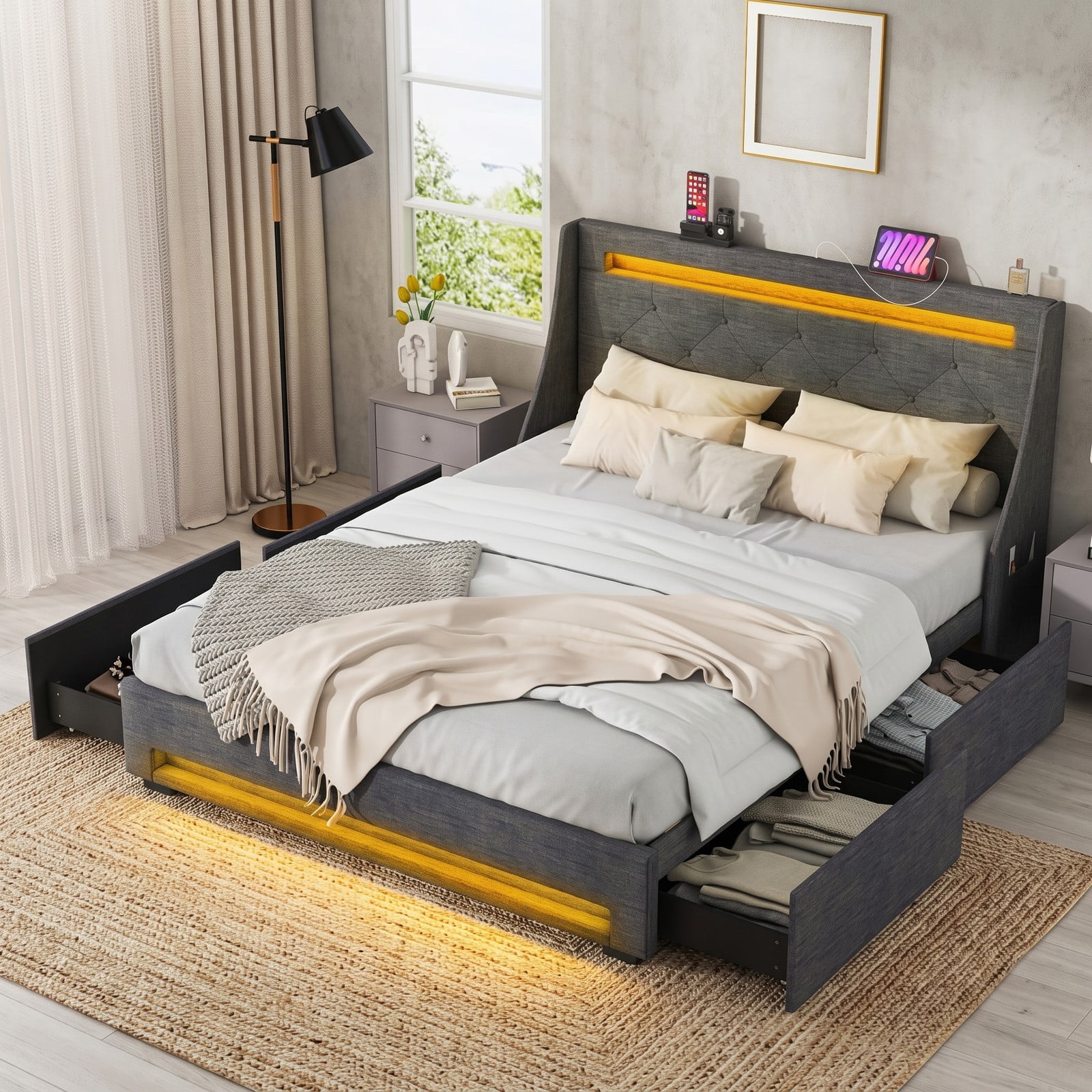 Furnibear Full Size Bed Frame Upholstered Platform Bed with LED Lights, Wingback Headboard and 4 Storage Drawers, USB Charging, Gray