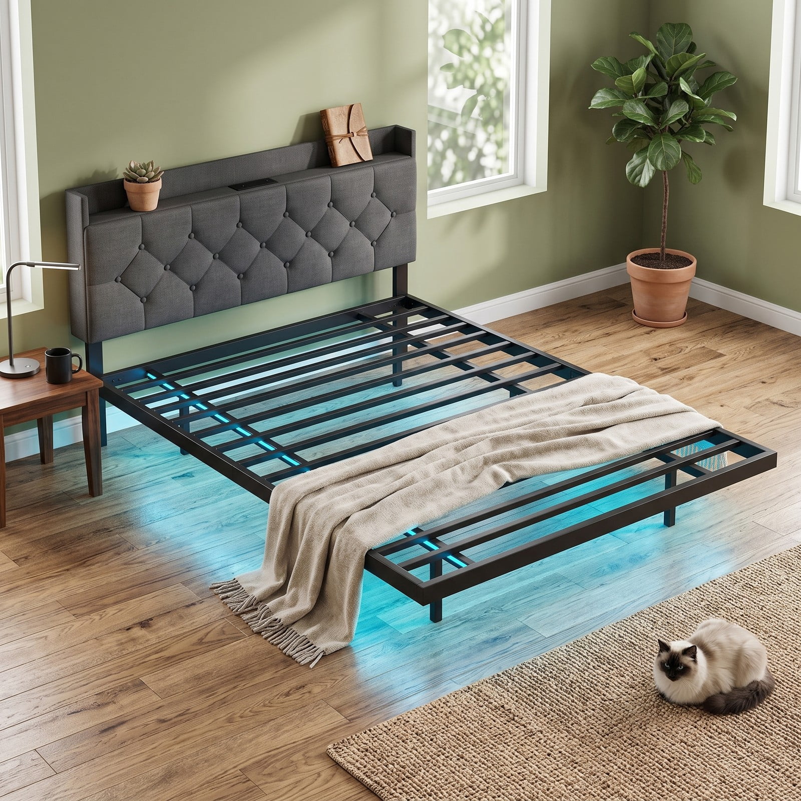 Furnibear Queen Bed Frame with Storage, Upholstered Floating Platform Bed with LED Lights, Storage Headboard and Charging Station, Gray