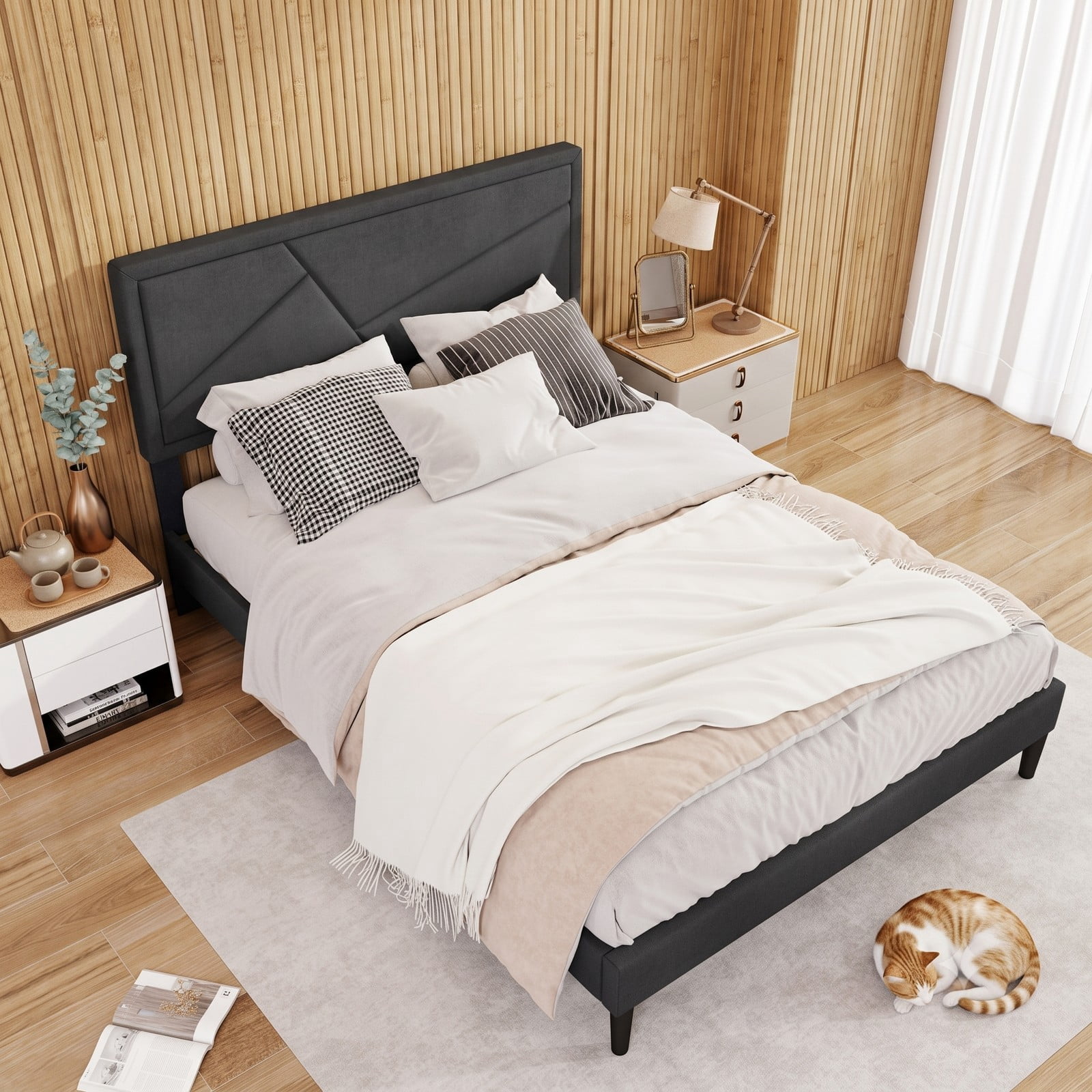 Furnibear Queen Size Bed Frame Upholstered Platform Bed Frame with High Headboard and 12 Plywood Slats for Modern Bedroom, Dark Gray
