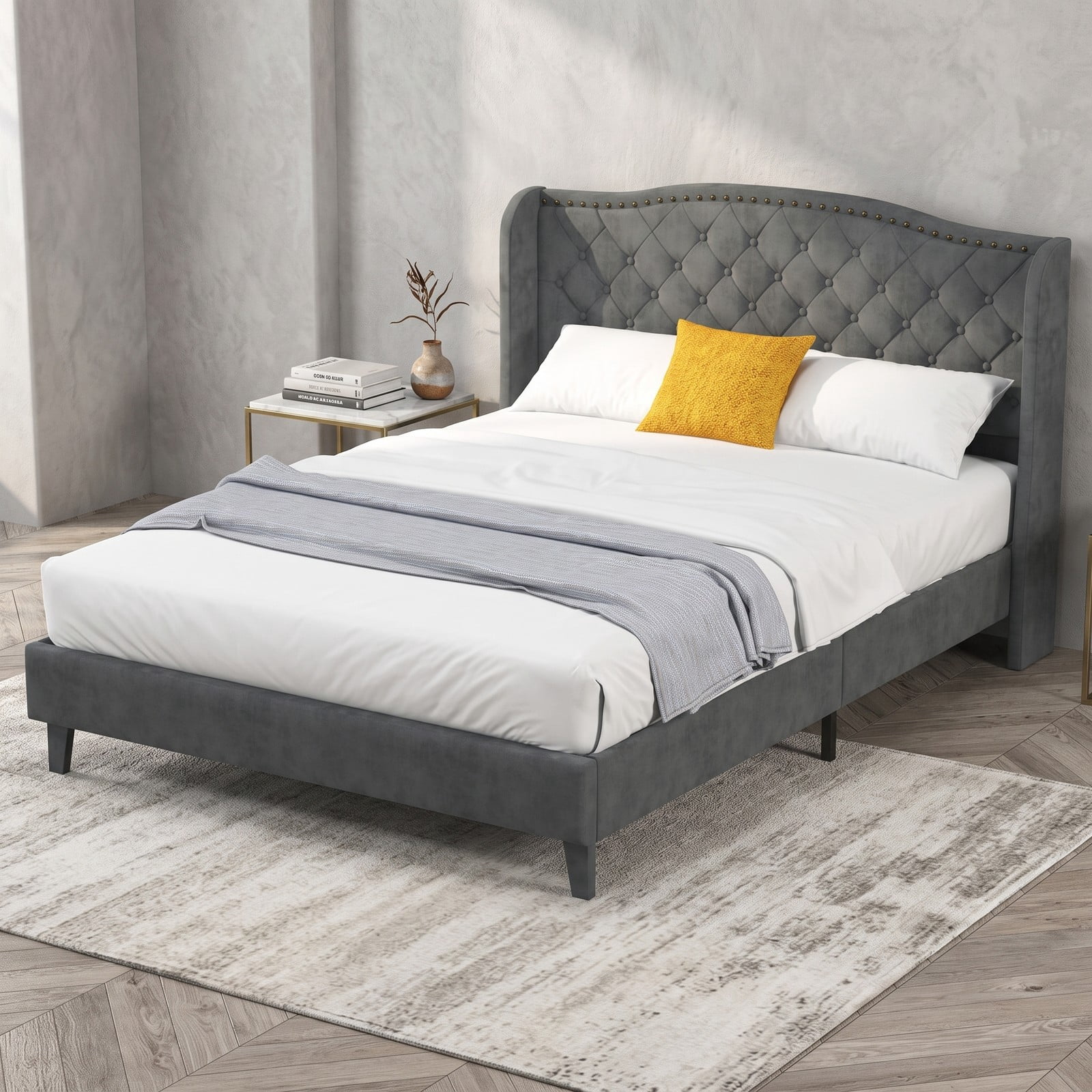 Furnibear Queen Bed Frame with Headboard, Velvet Upholstered Platform Bed Frame with Button Tufted Wingback and Nailhead Trim, No Box Spring, Gray